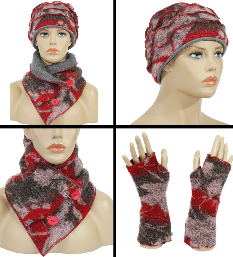 Damen Mütze Schal Handschuhe Wolle rot grau von klennes