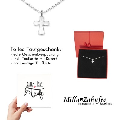 Geschenk Taufe: Taufkette Kreuz 1, 925 Silber & Taufkarte von MillaZahnfee, Schmuckwerkstatt Verena Brack