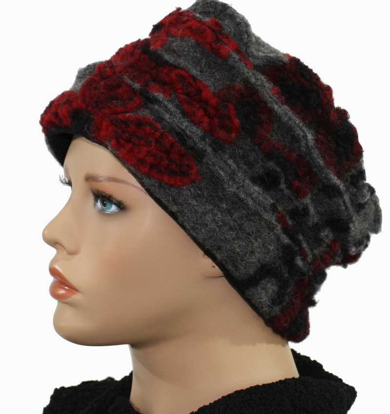 Damenmütze Wollmütze Hut Walkmütze rot grau Blume von klennes