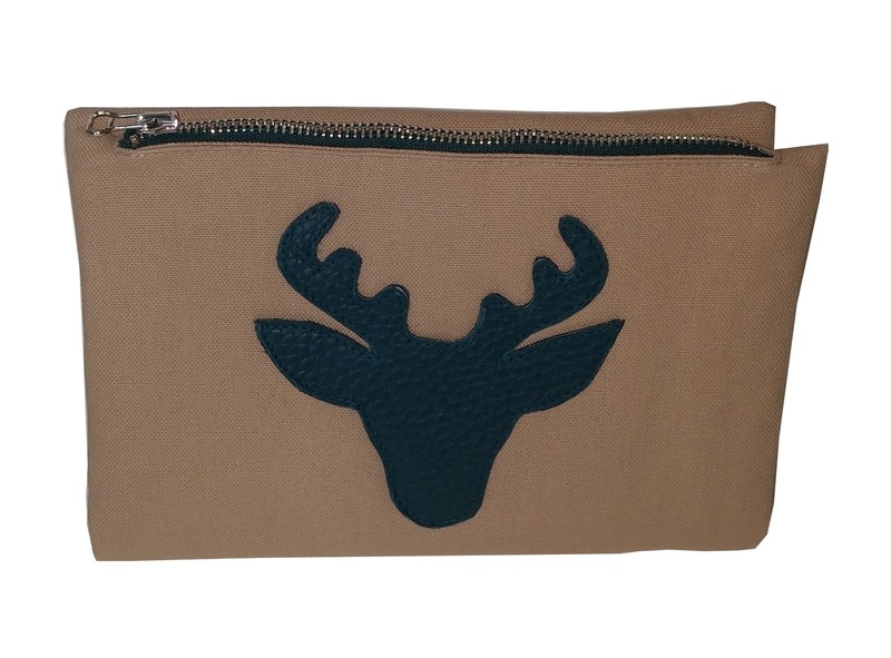 Stoff Doppel Clutch mit Hirschkopfmotiv beige von Unikats-by-Sabine-Greim
