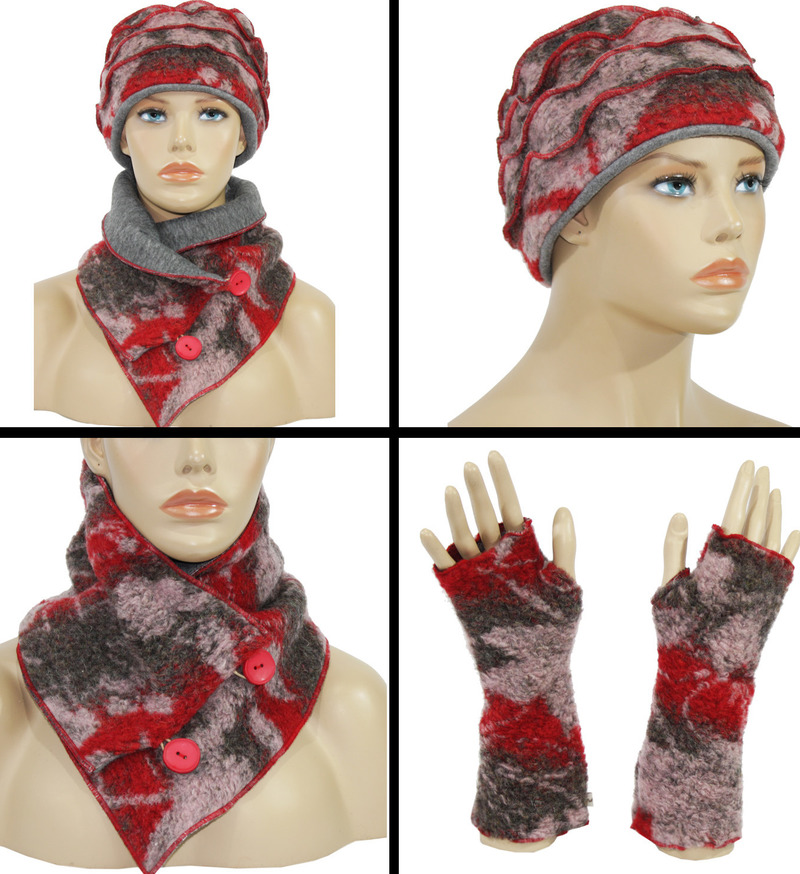Mütze Schal Handschuhe Set Wolle rottöne von klennes