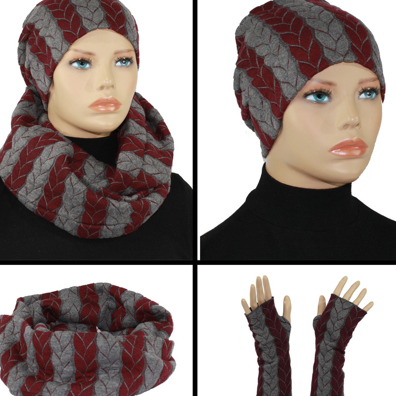 Mütze Schal Stulpen Set grau weinrot von klennes