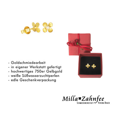 Kinderohrringe: Ohrstecker Blume - 750 Gold, Perle von MillaZahnfee, Schmuckwerkstatt Verena Brack