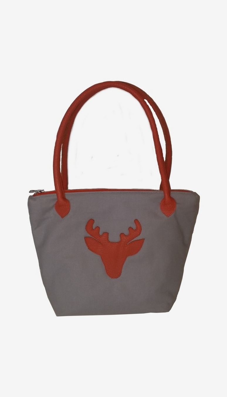 Stoff Henkeltasche mit Hirschkopfmotiv grau von Unikats-by-Sabine-Greim
