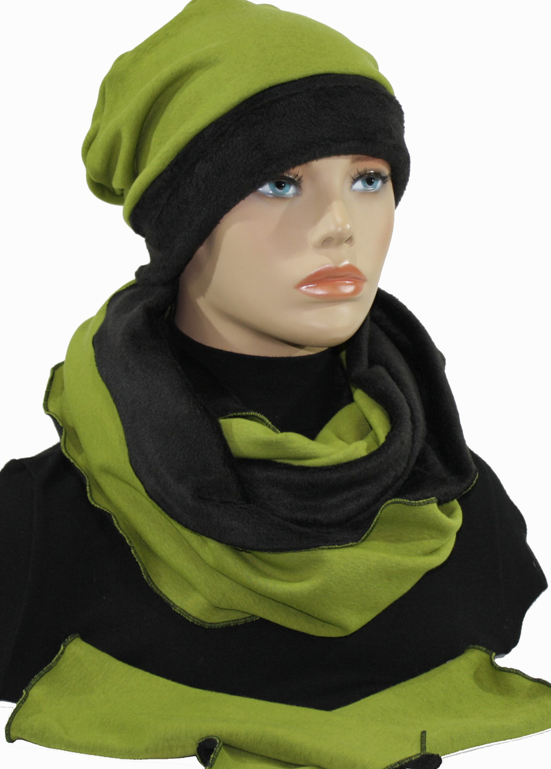 3er Set Mütze Schal Stulpen Set grün-schwarz Sabrina von klennes