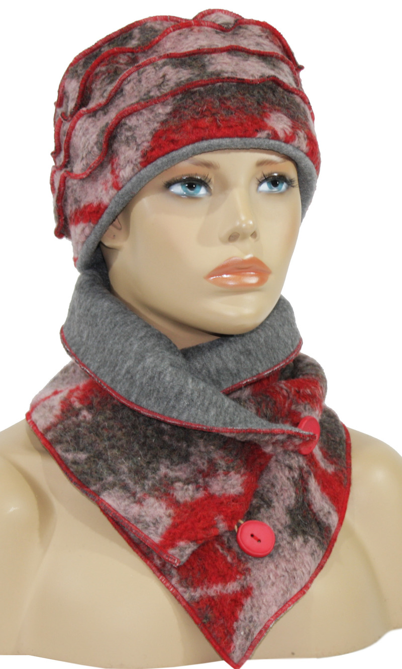 Damen Mütze Schal Handschuhe Wolle rot grau von klennes