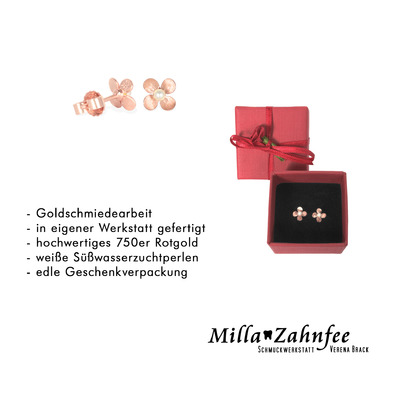 Kinderohrringe: Ohrstecker Blume - 750 Rotgold, Perle von MillaZahnfee, Schmuckwerkstatt Verena Brack
