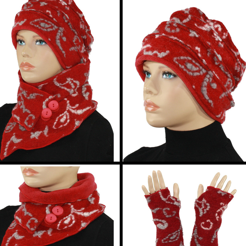 Walkmütze Walkschal Stulpen Set rot mit Intarsien Walkmütze Walkschal Stulpen Set rot mit Intarsien von klennes