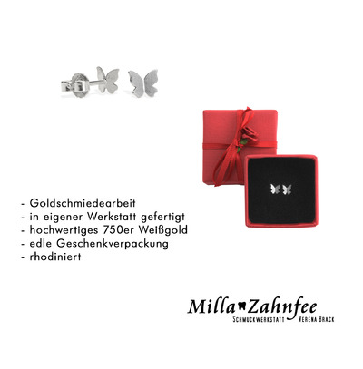 Kinderohrringe: Ohrstecker Schmetterling - 750 Weißgold von MillaZahnfee, Schmuckwerkstatt Verena Brack