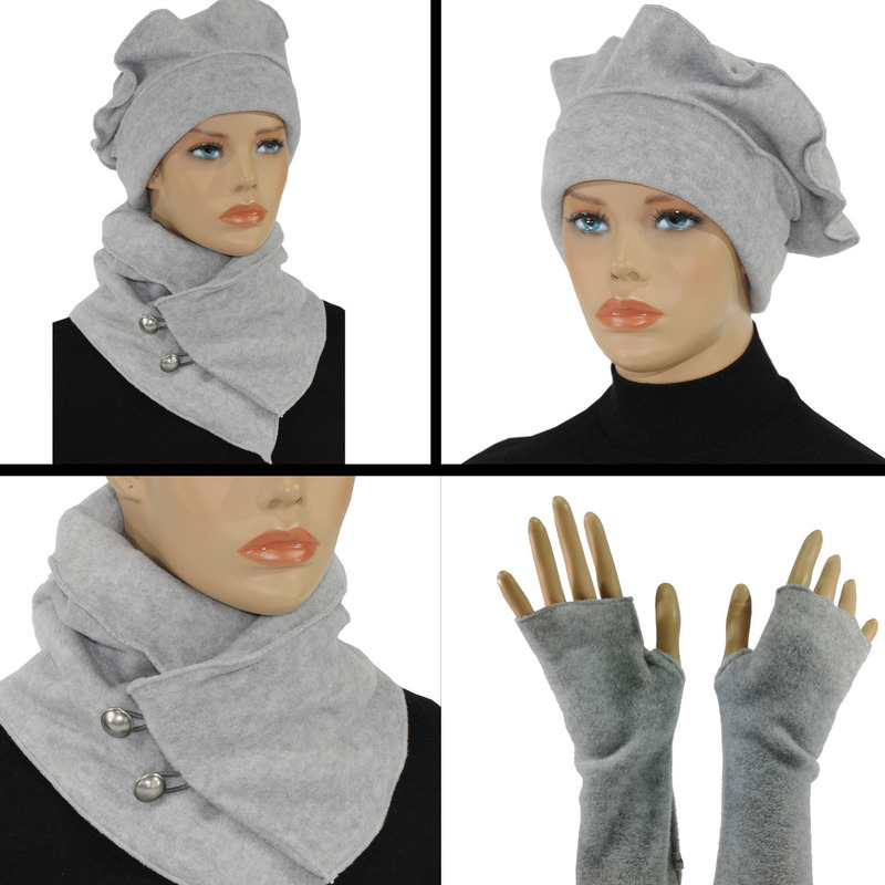 Mütze Schal Handschue Set hellgrau Fleece für Damen von klennes