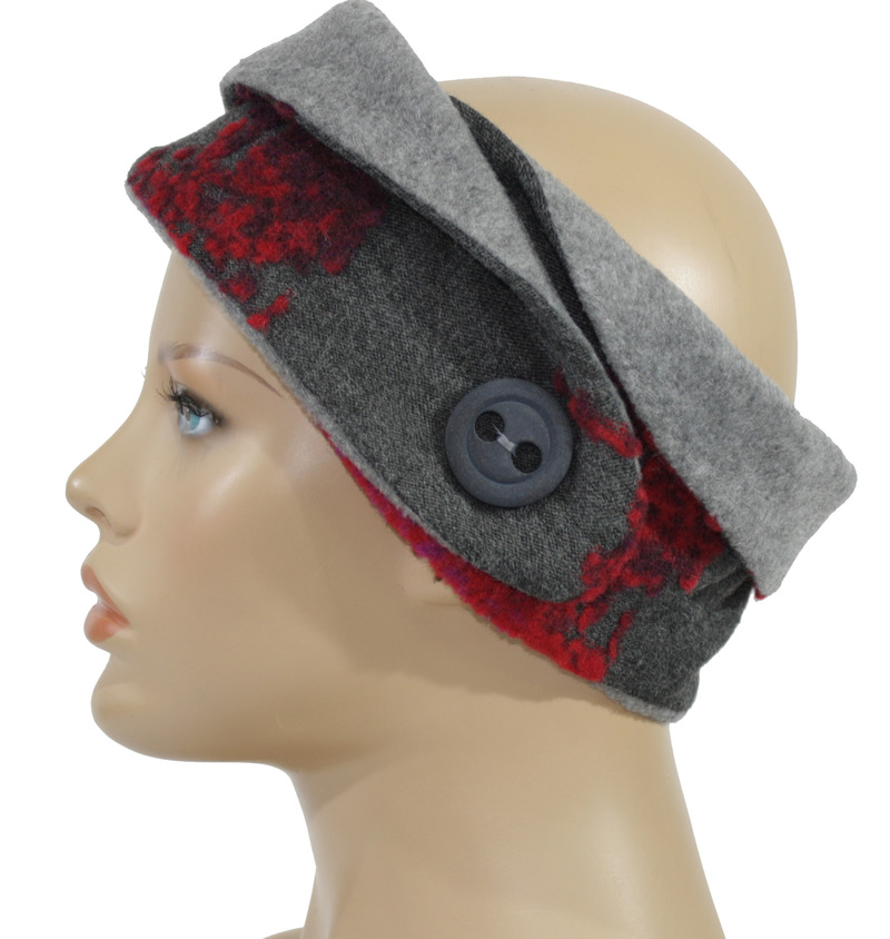 Damen Stirnband Wolle grau rot von klennes