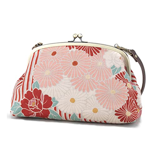 2way Gamaguchi Tasche Made in Japan (Retro Blume) Handtasche Schultertasche für Damen und Mädchen, Rot (rot), Medium von のレン