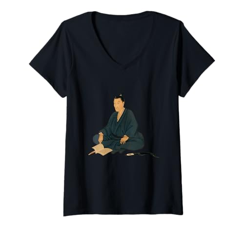 Damen Great Man History Yoshida Shoin T-Shirt mit V-Ausschnitt von 日本の文化