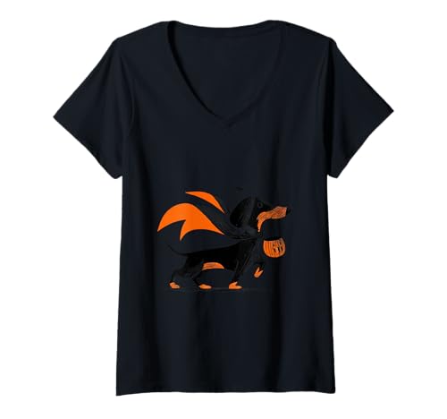 Damen Halloween-Hundeparade, bei der Geister den Dackel fürchten T-Shirt mit V-Ausschnitt Damen Halloween-Hundeparade, bei der Geister den Dackel fürchten T-Shirt mit V-Ausschnitt von 余分な生意気なワグを備えた不気味な犬のカメオ