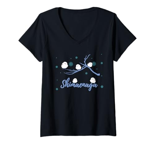 Damen Hokkaido Winterlandschaft, Illustration einer Sagasa-Schneeflocke, niedlicher kleiner Vogel T-Shirt mit V-Ausschnitt von イラストレーター えんどうおまめ シマエナガ