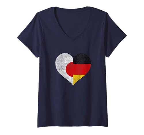 Damen Japan Deutschland Flagge Herz Fußball T-Shirt mit V-Ausschnitt Damen Japan Deutschland Flagge Herz Fußball T-Shirt mit V-Ausschnitt von 日本国旗・ドイツ国旗