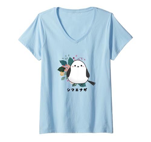 Damen Shima Enaga Vogelblume Wildvogel Japan Hokkaido Schneefee T-Shirt mit V-Ausschnitt Damen Shima Enaga Vogelblume Wildvogel Japan Hokkaido Schneefee T-Shirt mit V-Ausschnitt von シマエナガ