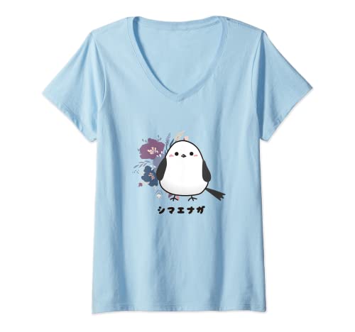 Damen Shima Enaga Vogelblume Wildvogel Japan Hokkaido Schneefee T-Shirt mit V-Ausschnitt Damen Shima Enaga Vogelblume Wildvogel Japan Hokkaido Schneefee T-Shirt mit V-Ausschnitt von シマエナガ