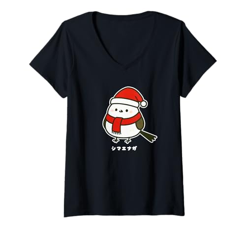 Damen Shimaenaga Vogel Weihnachten Nikolausmütze Hokkaido Schneefee T-Shirt mit V-Ausschnitt Damen Shimaenaga Vogel Weihnachten Nikolausmütze Hokkaido Schneefee T-Shirt mit V-Ausschnitt von シマエナガ