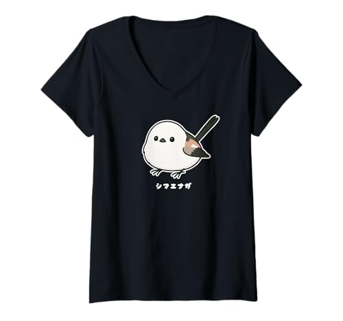 Damen Shimaenaga Vogel Wilde Hokkaido Schneefee Illustration Niedlich T-Shirt mit V-Ausschnitt Damen Shimaenaga Vogel Wilde Hokkaido Schneefee Illustration Niedlich T-Shirt mit V-Ausschnitt von シマエナガ