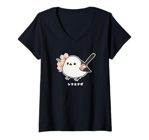 Damen Shimaenaga mit Kirschblüte Hokkaido Schneefee Vogel T-Shirt mit V-Ausschnitt Damen Shimaenaga mit Kirschblüte Hokkaido Schneefee Vogel T-Shirt mit V-Ausschnitt von シマエナガ