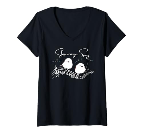 Damen Singende Stimme | Dirigent des Sima-Tees | Niedlicher Kleiner Vogel von Hokkaido | Heilung | Fünf-zeilige Notation | Musikliebhaber T-Shirt mit V-Ausschnitt von イラストレーター えんどうおまめ シマエナガ