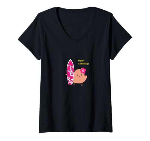 Damen Sonnenbrand | Aubergine | Surfen | Hibiskus | Japanische Kawaii Hokkaido Vögel T-Shirt mit V-Ausschnitt von イラストレーター えんどうおまめ シマエナガ