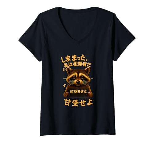 Damen 指名手配のタヌキ – かわいい犯罪者風デザインTシャツ T-Shirt mit V-Ausschnitt Damen 指名手配のタヌキ – かわいい犯罪者風デザインTシャツ T-Shirt mit V-Ausschnitt von ヤミユーモア・アニマルズ