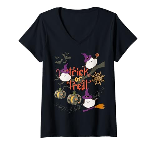 Damen Trick or Treat! | Sagitta | Kürbis | Japanische Vögel | Halloween | Singende Stimmen T-Shirt mit V-Ausschnitt von イラストレーター えんどうおまめ シマエナガ
