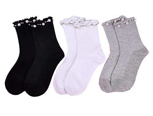 通用 Damensocken Mädchensocken Stricke Baumwolle Süße Socken Rüschen Socken mit Perlen Socken Beiläufige Socken (G-3 Paar) von 通用