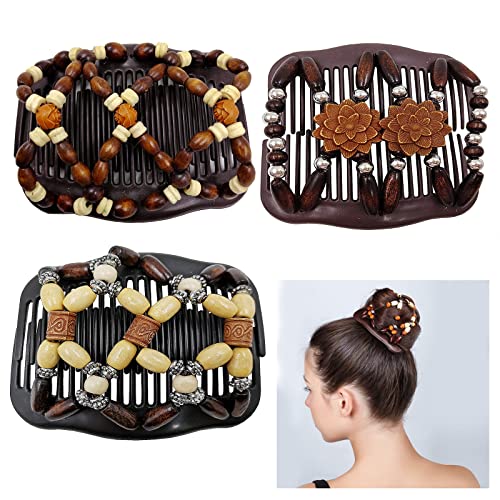 Haarspange Haarkamm Perlen Doppel Magic Hair Rollers Doppel Haarkämme Magic Haarklammer Perlen Haarkämme Magie Elastische Haarspangen Holzperlen Haarspangen Dehnbar für Damen Mädchen Haarschmuck von 通用