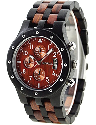 Holzuhr für Herren Herren Natur Hölzerne Uhr Multifunktionale Quartz Analog Armbanduhr mit Kalender Anzeige Chronograph-Funktion Hölzerne Armband für Männer von 通用