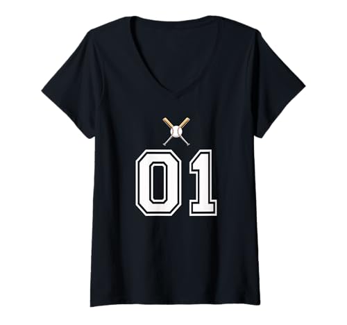 Damen 01 Nummer Baseball Style Vintage Weiß T-Shirt mit V-Ausschnitt Damen 01 Nummer Baseball Style Vintage Weiß T-Shirt mit V-Ausschnitt von 01 Nummer Baseball Style Weiß