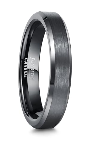 083BASE Unisex Wolfram Ring Schwarz/Silberblau, 4mm/6mm/8mm Breite, Gebürstetes Metall-Design, Schräge Kanten, Damen/Herren Schmuck in Verschiedenen Größen von 083BASE