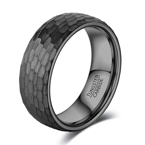 083BASE Wolframkarbid Ring – 4mm/6mm/8mm Breite, Hammerschlag-Design, Stahl- oder Schwarzfarbe, Unisex Partnerring oder Verlobungsring von 083BASE
