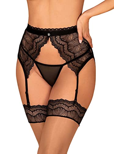 0bsessive Schwarzer Dessous Bänder Reizwäsche Strapsgürtel Garter Belt mit Bändern und Strumpfhaltern aus Netz, Riemchen und offen transparent erotisch Größe: S/M von 0bsessive