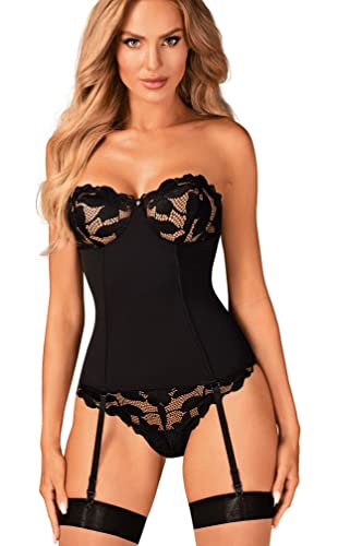 Frauen Dessous Spitze Träger Straps Corsage in schwarz transparent mit Riemchen und ouvert offen Damen Einteiler Spitze-Body Größe: XS/S von 0bsessive