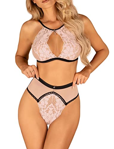 Frauen Dessous Spitzen Reizwäsche Set aus BH mit verstellbaren Trägern und Panty in rosa Bänder Netz Spitze Muster rosa Netz teiltransparent Größe: L/XL von 0bsessive