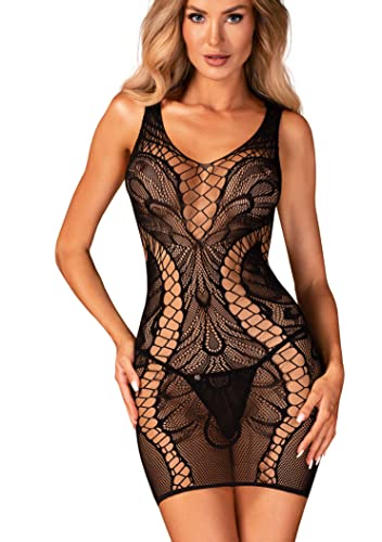 Frauen Dessous ouvert Träger Netzkleid in schwarz transparent mit Grobnetz und Negligee Damen Einteiler Lochmuster Netz-Body Größe: S-L von 0bsessive