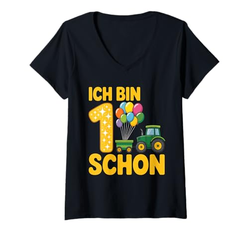 Damen Kinder 1 Geburtstag Junge Traktor Outfit Ich Bin Schon 1 T-Shirt mit V-Ausschnitt Damen Kinder 1 Geburtstag Junge Traktor Outfit Ich Bin Schon 1 T-Shirt mit V-Ausschnitt von 1 Year Tractors Birthday
