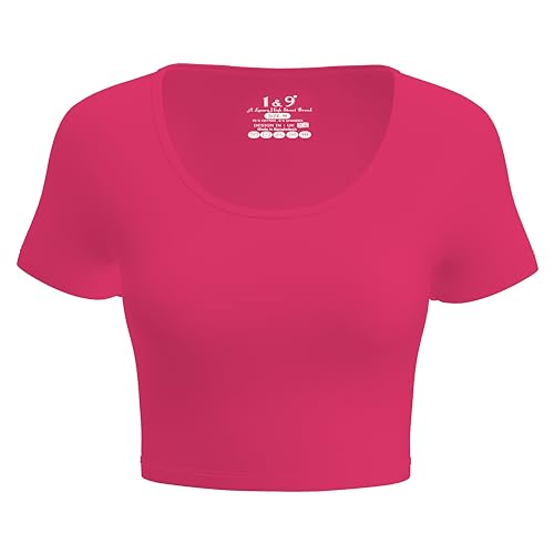 Basic Crop Tops für Frauen Kurzarm T-Shirts U-Ausschnitt Cropped Shirts Damen Crop Top Niedlich Sommer Tops Slim Fit Tees, Magenta, Klein von 1 & 9