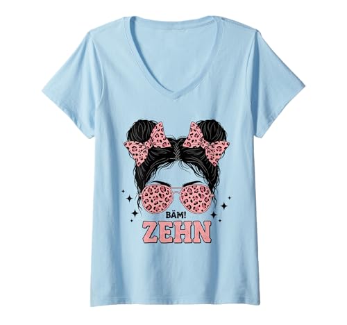 Damen Zehn Jahre Mädchen Geburtstag Bäm Outfit für 10. Party T-Shirt mit V-Ausschnitt von 10 Jahre Mädchen Geburtstag Geschenke Cool
