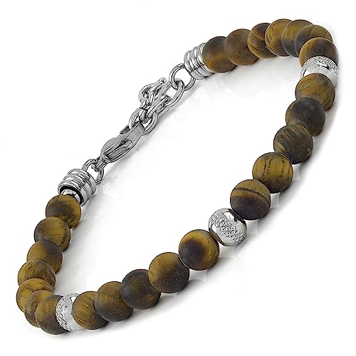 10:10 Armband mit Natursteinen, Tigerauge, gefrostet, 6 mm, Perlen aus Edelstahl, sehr widerstandsfähig, hergestellt in Italien, 21 cm, Stein, Tigerauge von 10:10