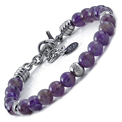 10:10 Edelstahlarmband und 6 mm natürliche Amethyststeine, Armband für Männer und Frauen. Verstellbares Armband Made in Italy… von 10:10