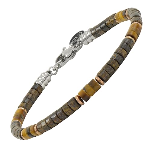 10:10 Herren-Armband mit natürlichen Halbedelsteinen und Unterlegscheiben, 4 mm, Edelstahl, verstellbar, hergestellt in Italien, Regolabile, Natursteine, Bronzit, Edelstahl von 10:10