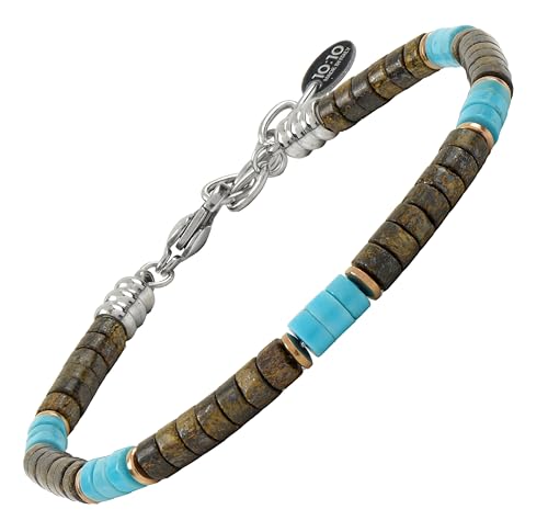 10:10 Herren-Armband mit natürlichen Halbedelsteinen und Unterlegscheiben, 4 mm, Edelstahl, verstellbar, hergestellt in Italien, Regolabile, Bronzit und Türkis von 10:10
