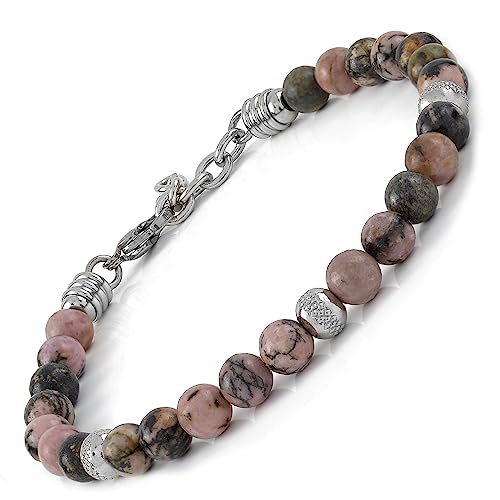 10:10 Jewels Herren und Damen Armband mit 0,6 cm natürlichen Rhodonit-Steinen, männliches oder weibliches Armband mit Diamantperlen aus Edelstahl und sehr widerstandsfähig, hergestellt in Italien, 21 von 10:10