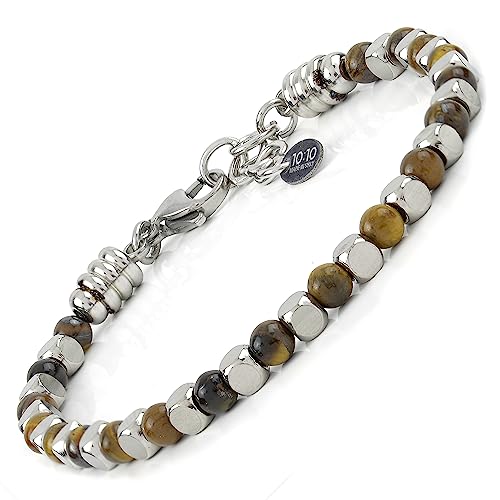 10:10 Verstellbares Armband mit 4 mm Durchmesser Natursteinen und 4x4 mm Edelstahlwürfeln. Armband für Männer und Frauen. Made In Italy von 10:10