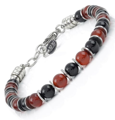 10:10 Verstellbares Armband mit Natursteinen Durchmesser 6 mm durchsetzt mit polierten Edelstahlscheiben. Sehr widerstandsfähiges Armband für Männer und Frauen. Made In Italy von 10:10