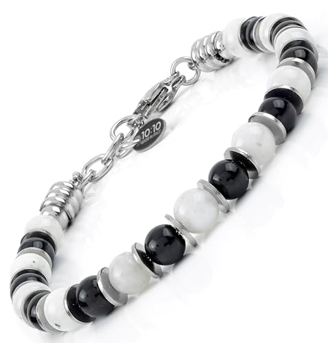 10:10 Verstellbares Armband mit Natursteinen Durchmesser 6 mm durchsetzt mit polierten Edelstahlscheiben. Sehr widerstandsfähiges Armband für Männer und Frauen. Made In Italy von 10:10